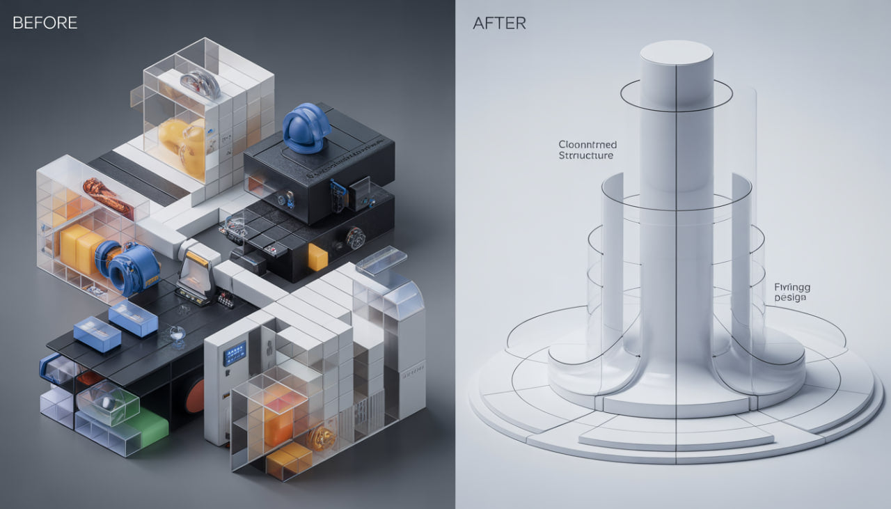 Illustration of a before-and-after comparison of a complex machine design.