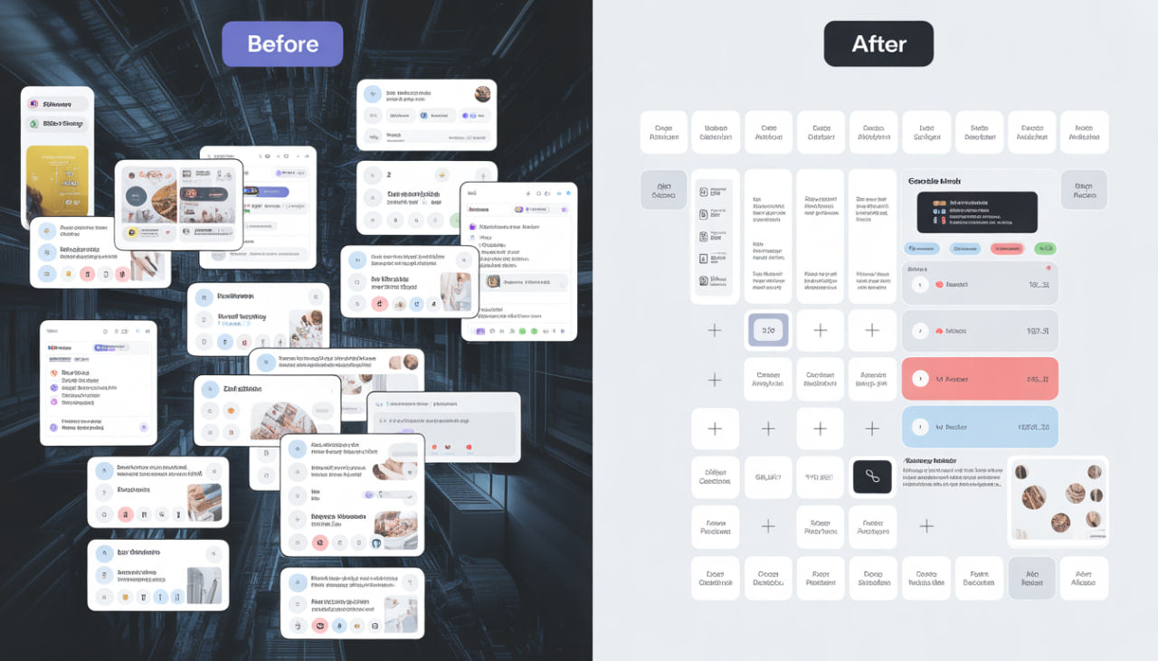 Before and after comparison of a user interface design on a dark and light background respectively.