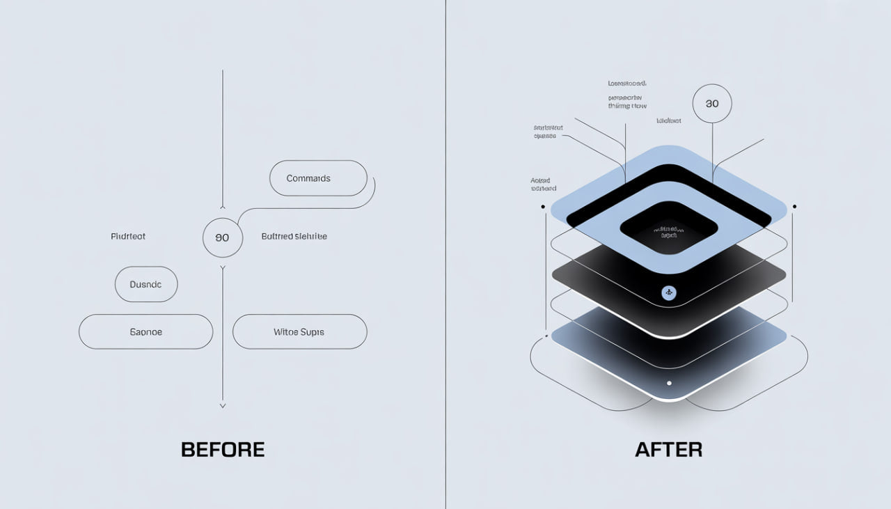 Comparison of a diagram layout 'Before' and its optimized 'After' version with stacked shapes.