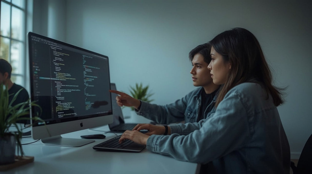 Two people working together on a computer in an office setting