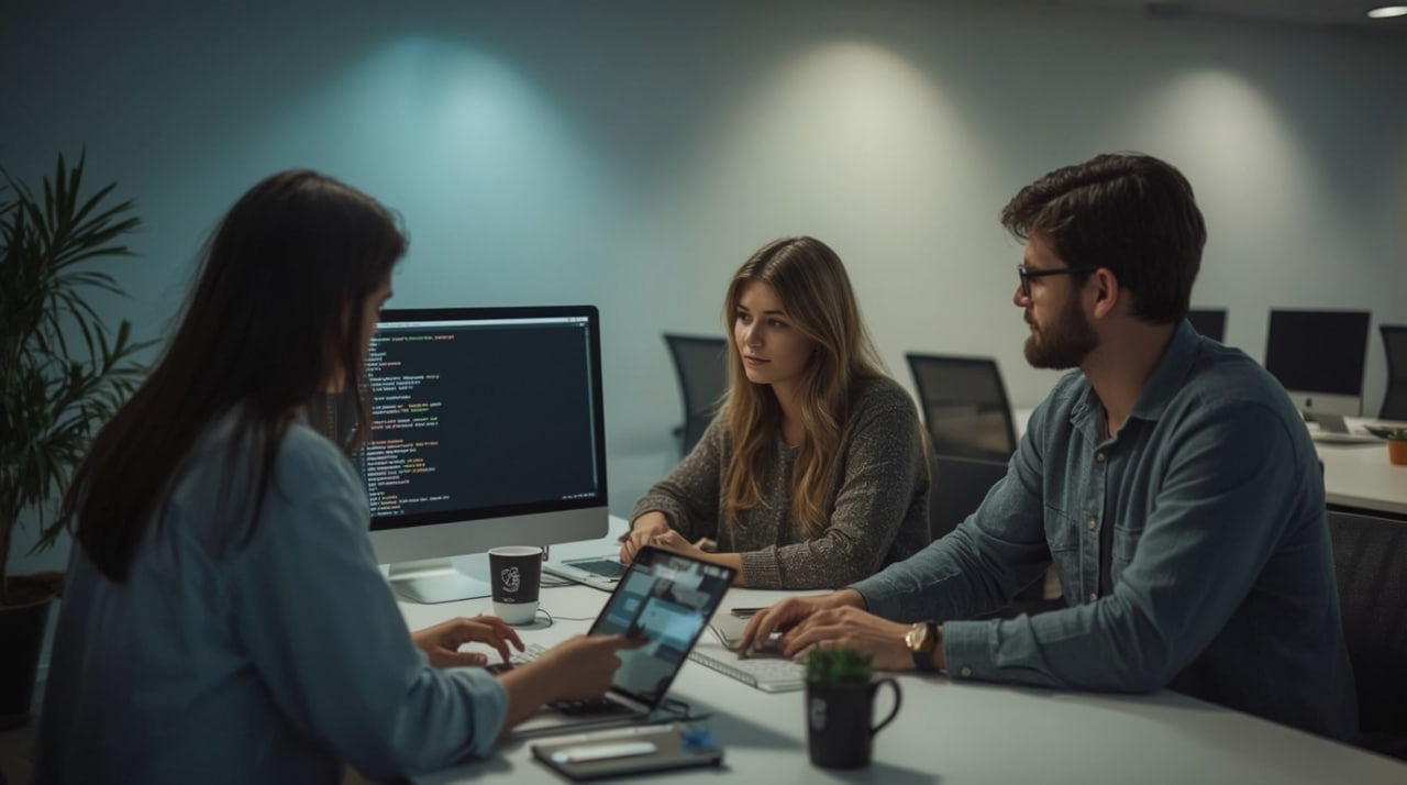 Three people working together on a project in a dimly lit office.