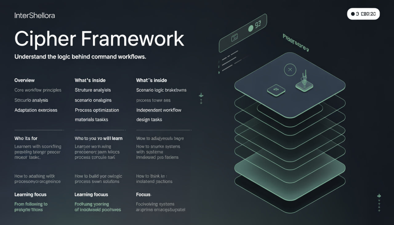 InterShelfora Cipher Framework webpage with text and a 3D model of a shelf system.