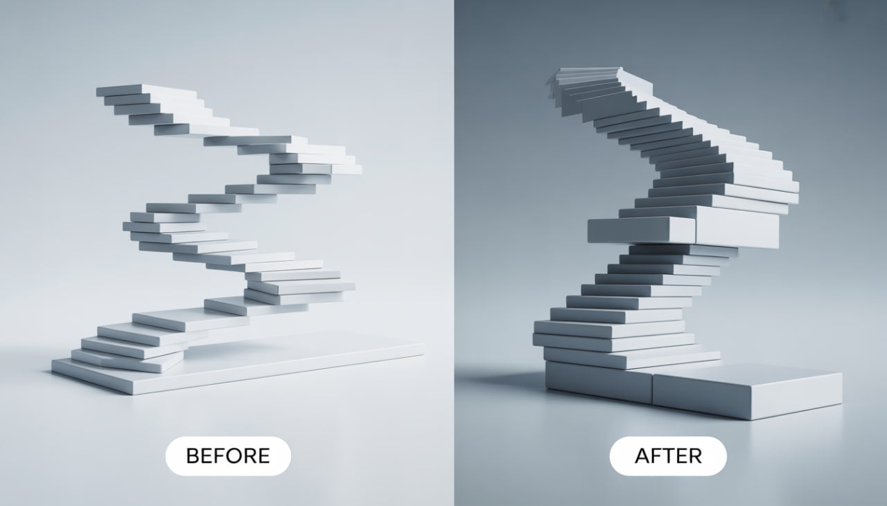 Before and after comparison of a zigzag staircase design on a gray background