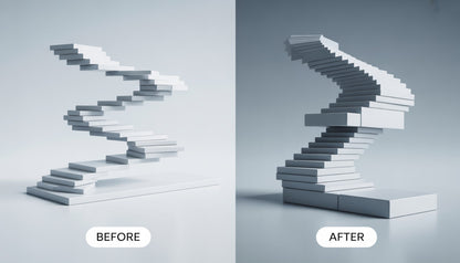 Before and after comparison of a zigzag staircase design on a gray background