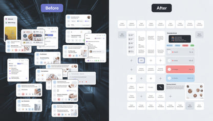Before and after comparison of a user interface design on a dark and light background respectively.