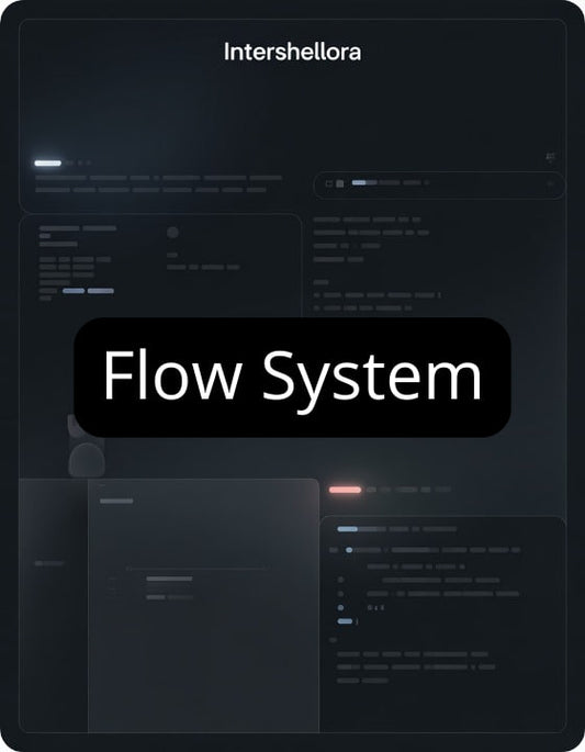 Dark-themed software interface with 'Intershellora' and 'Flow System' text.