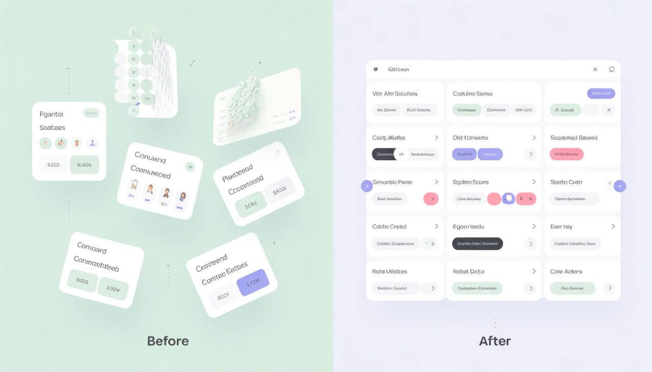 Before and after comparison of software interface design on a light green and gray background