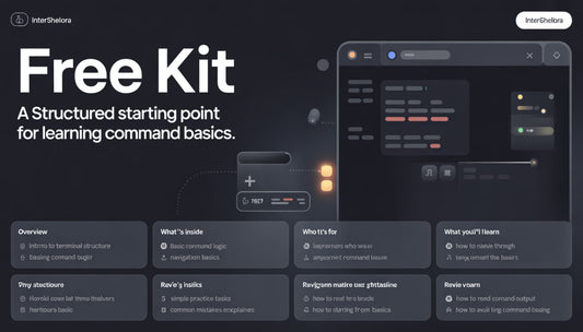 Free kit for learning command basics with interface elements on a dark background