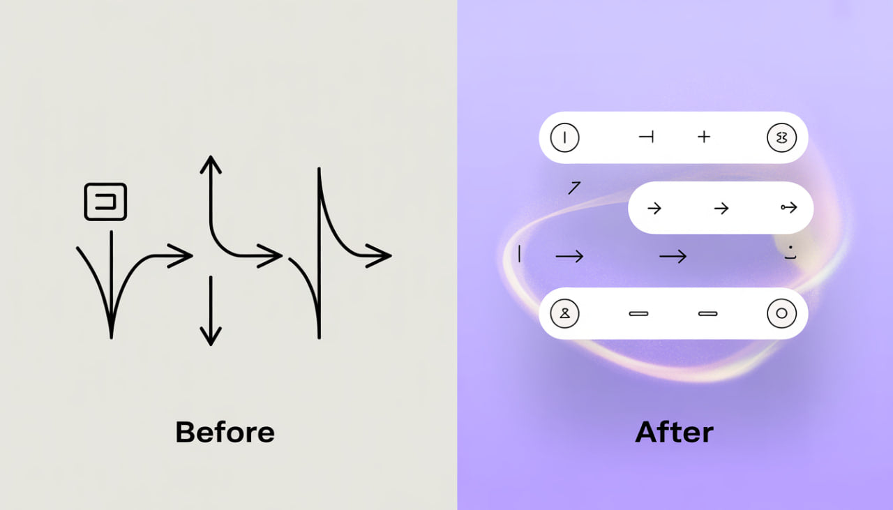 Comparison of icon design before and after on a light gray and purple background