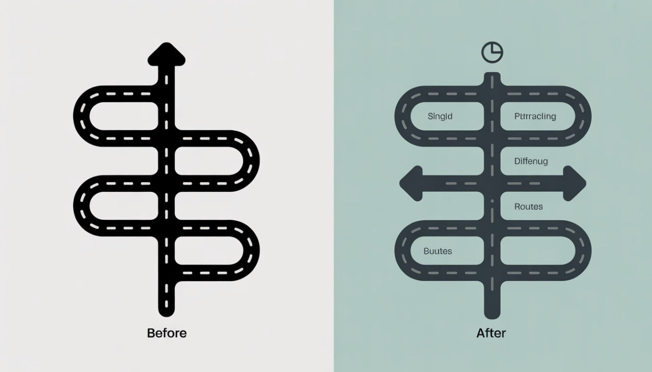 Comparison of a road symbol before and after simplification on a light gray background.