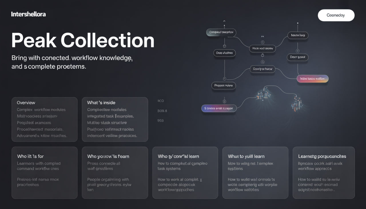 Intersellora Peak Collection page with workflow diagram and text on a dark background