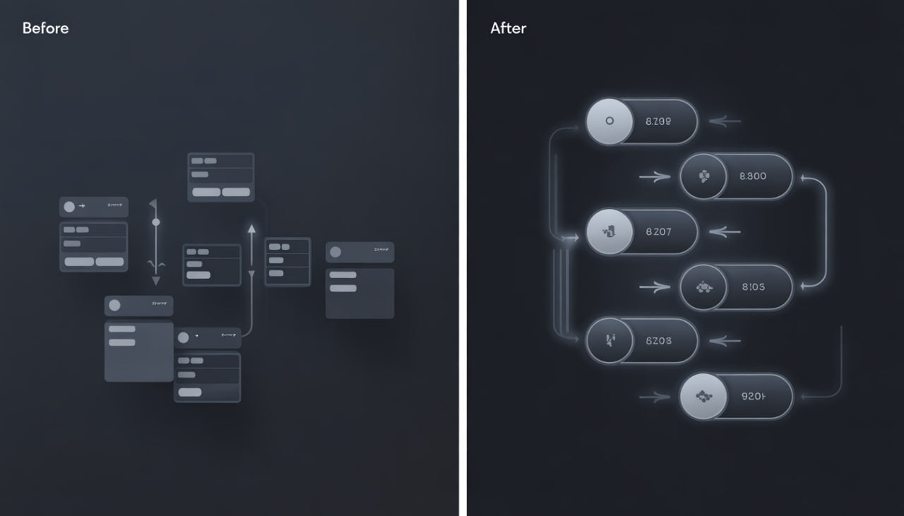 Before and after comparison of a user interface design on a dark background