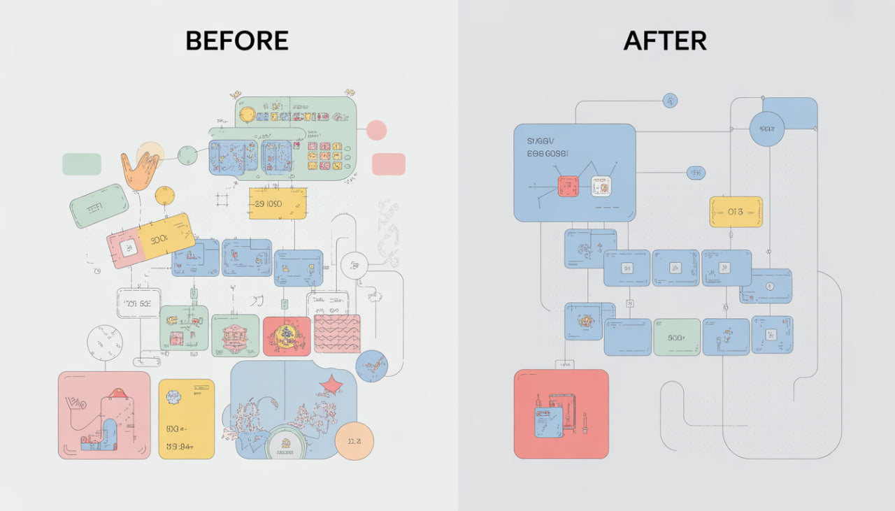 Comparison of a colorful layout before and after simplification on a white background.