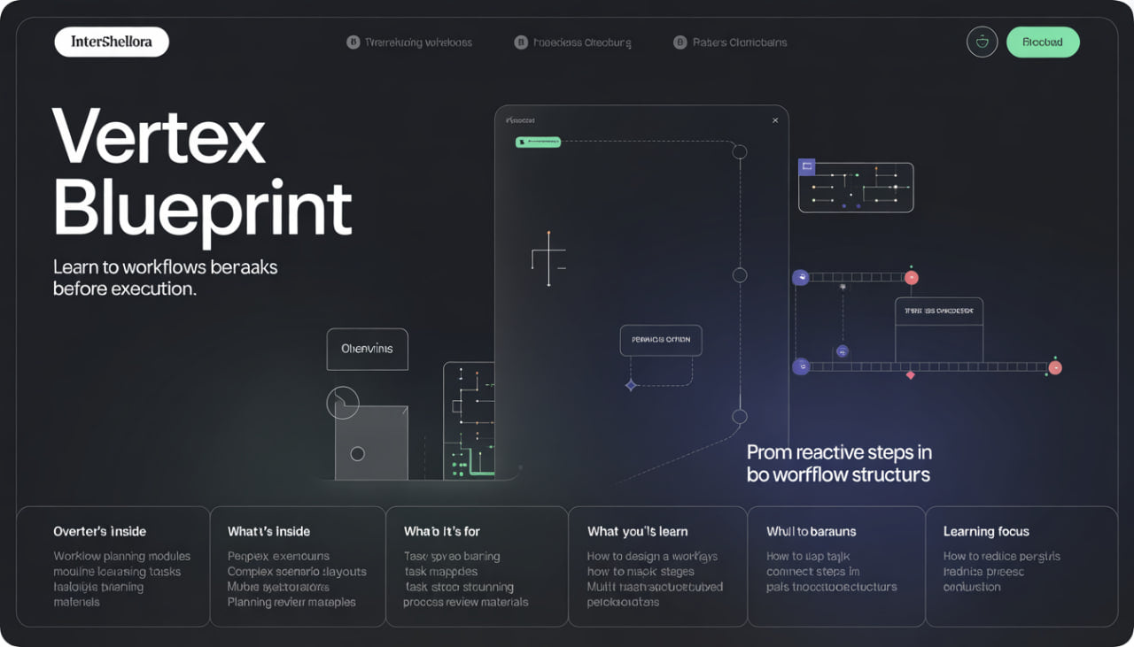 Vertex Blueprint interface with workflow diagrams on a dark background